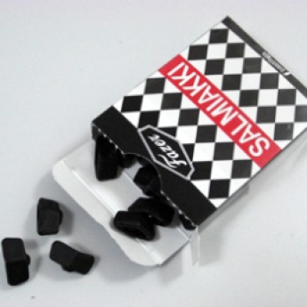 Here is Salmiakki, or Salty liquorice - the most popular Finnish candy. I can not explain exactly the taste of this. It was unlikable but interesting. My friend said that it is a variety of liquorice flavoured with ammonium chloride, common in the Nordic countries, Netherlands, and Northern Germany.
